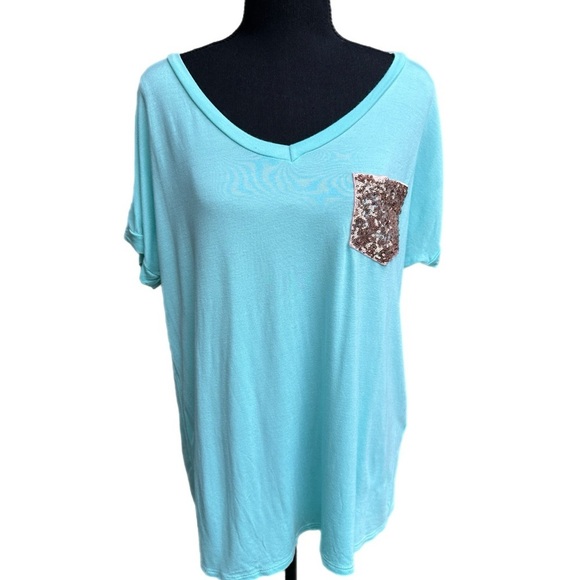 Attracted To You Sequin Pocket Top- Aqua NWOT - Picture 4 of 12